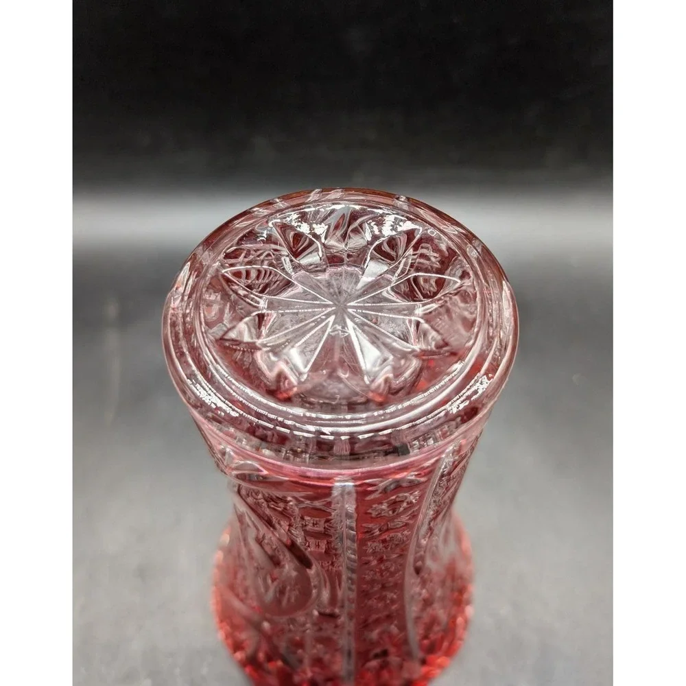 Vintage Crystal De Arques Ruby Red Cut Clear Glass Vase Sawtooth Starburst 6.75